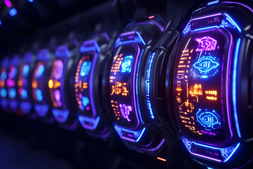 Futuristic glowing display panels in a dark environment.  Possible use Sci-Fi concept, technology, graphic design