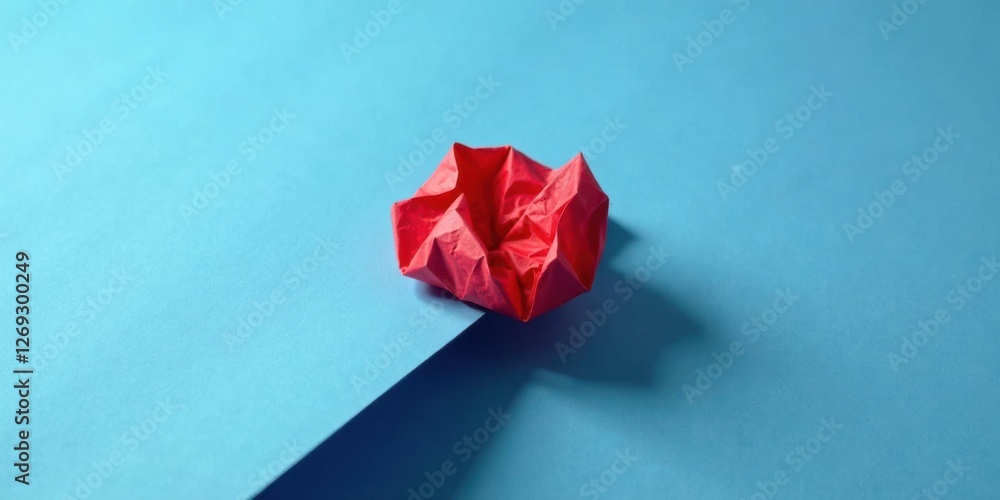 Poster a crumpled red paper ball rests on a vibrant blue surface, creating a striking contrast and a minima