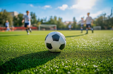 Soccer ball on green grass field with white lines, football match background. Outdoor stadium, professional game, sports training, teamwork, and championship event concept.

