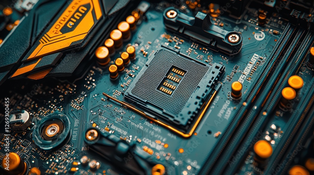 Poster close-up cpu socket on motherboard, tech background
