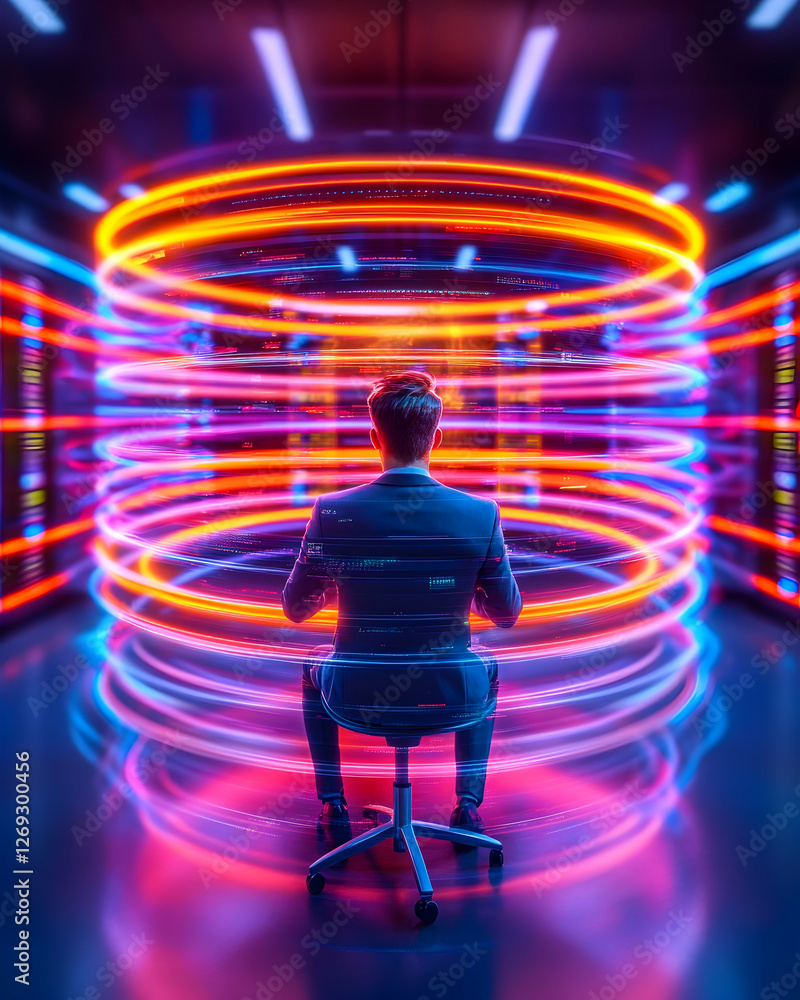 Aufkleber futuristic server room worker in glowing light portal. possible use technology and innovation