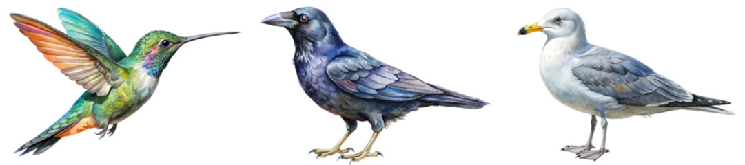 Colorful bird illustrations, detailed watercolor style, nature artwork, avian species, perfect for educational materials.