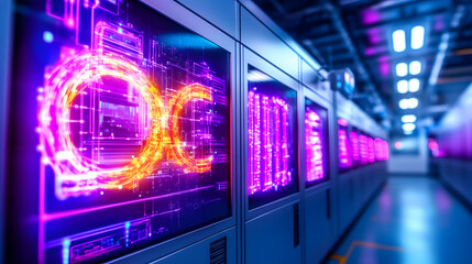 Fototapeta premium Futuristic server room display, glowing data circuit