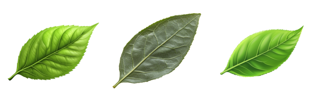 Set of Close-up of a vibrant green leaf with a smooth white background, featuring the word "gren" elegantly printed in bold on transparent png background. Ai generated