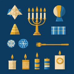 Fototapeta premium Traditional Hanukkah symbols including a menorah, dreidel, and candles.