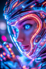 Fototapeta premium Futuristic woman in glowing helmet, city lights in background. Possible use Digital art, sci-fi poster