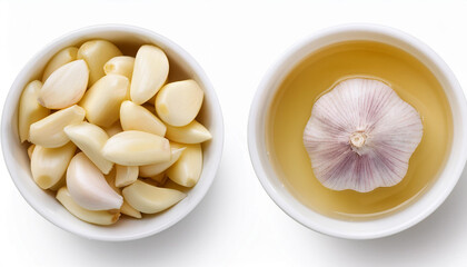 fresh chopped garlic on white bowl isolated on white background top view