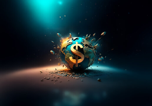 A golden dollar symbol adorns a globe fragmenting on a dark backdrop with glowing light. Representing global finance fragility and economic instability.