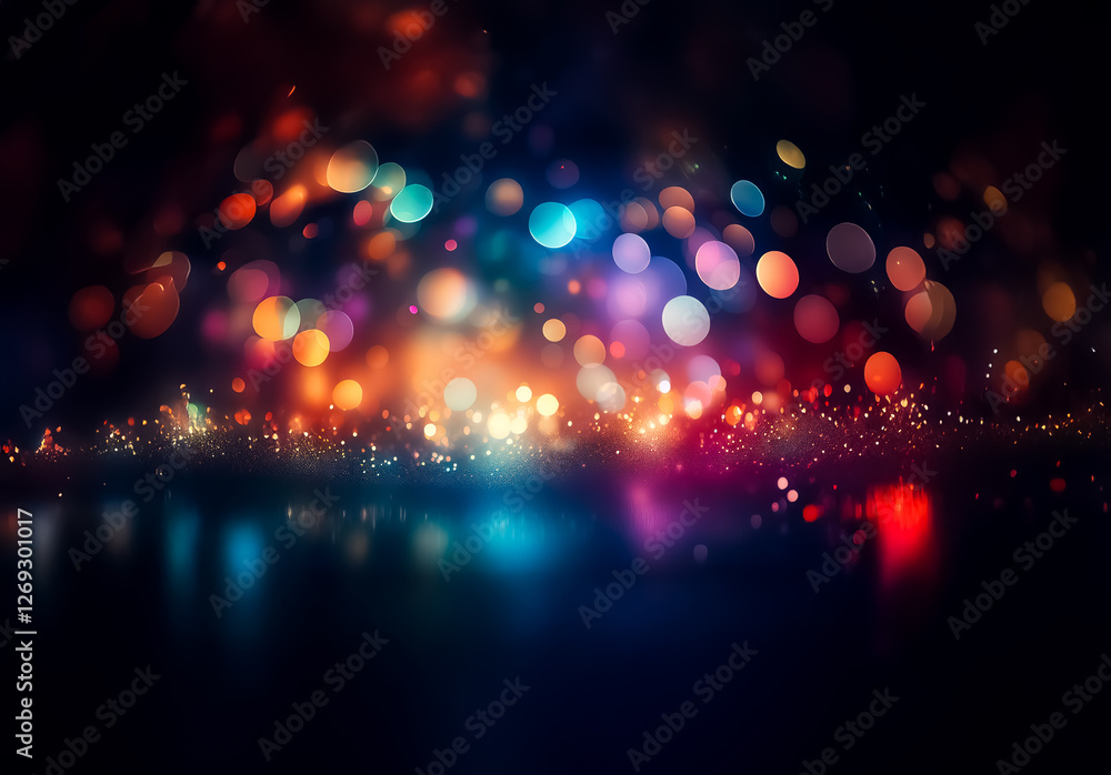 Aufkleber A vibrant display of colorful bokeh lights creates an abstract and festive background.  Blurred orbs sparkle and shimmer in the dark, adding a magical and dreamy touch to the scene.