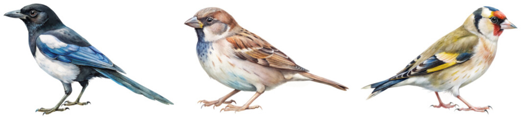 Colorful bird illustrations, detailed watercolor style, nature artwork, avian species, educational purpose, wildlife representation.