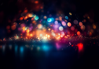 Fototapeta premium A vibrant display of colorful bokeh lights creates an abstract and festive background. Blurred orbs sparkle and shimmer in the dark, adding a magical and dreamy touch to the scene.