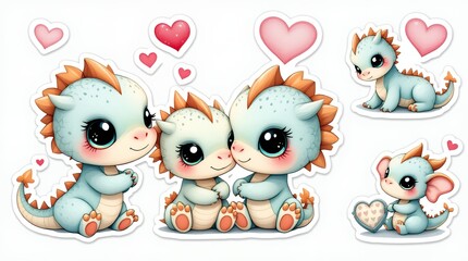 Fototapeta premium Adorable cartoon baby dragons celebrate valentine s day with love