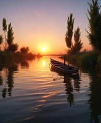 Obraz premium The boat glides smoothly through the water of the Albufera at sunset, sky, smooth glide