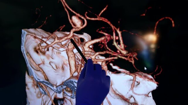Hand in blue latex glove holds a pen pointing at the arteries on the monitor. Surgeon is preparing for neurosurgery. Close up.