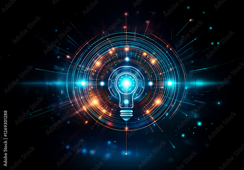 Poster Abstract digital artwork displays a central glowing lightbulb surrounded by circular layers with radiating blue and orange light rays and sparkles.