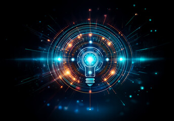 Obraz premium Abstract digital artwork displays a central glowing lightbulb surrounded by circular layers with radiating blue and orange light rays and sparkles.