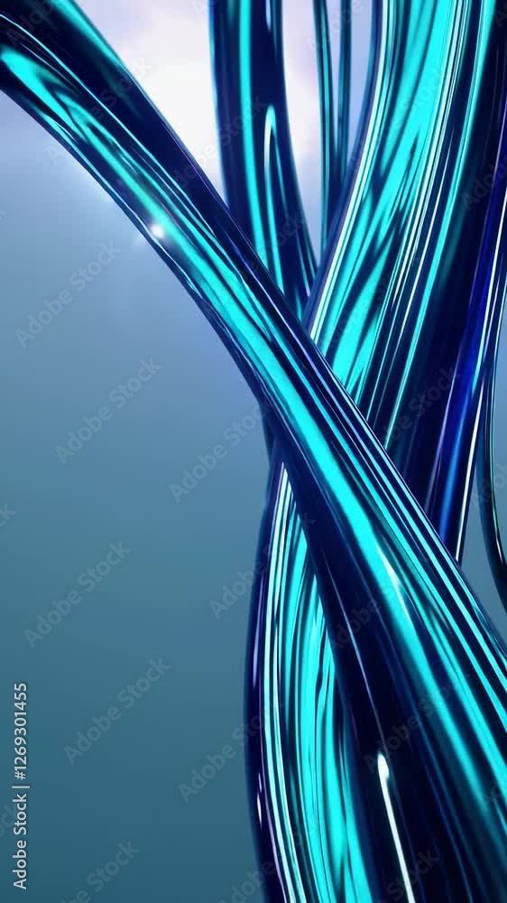 Poster dynamic flow of twisting neon cables against a soft blue background