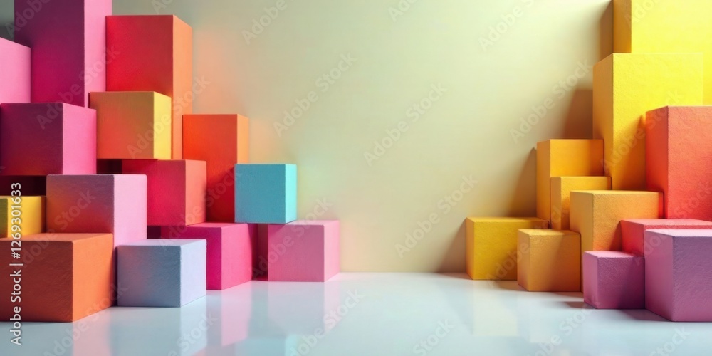 Poster abstract colorful cube arrangement on a neutral background, ideal for modern design and creative pro