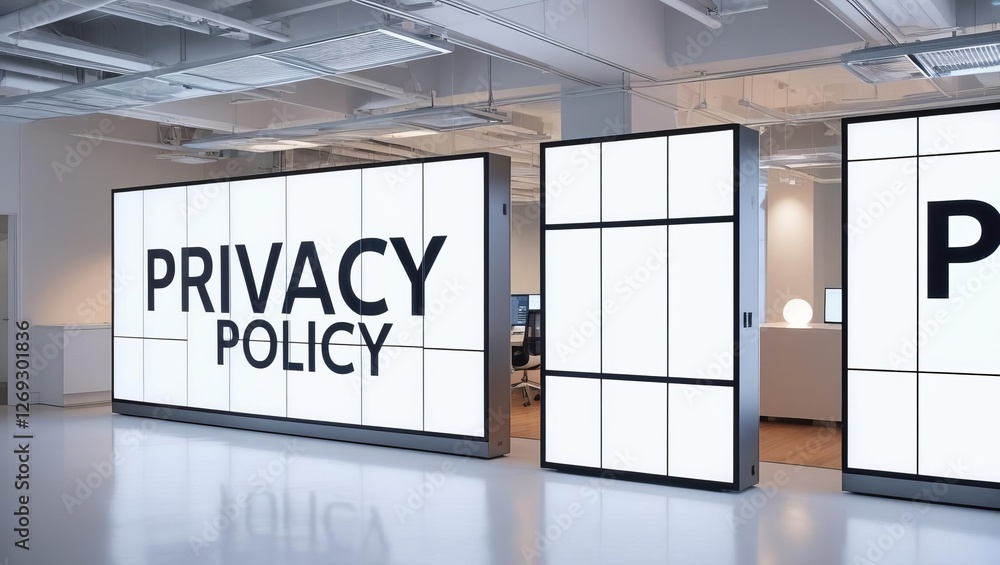 Poster a modern office space featuring large screens displaying the words 