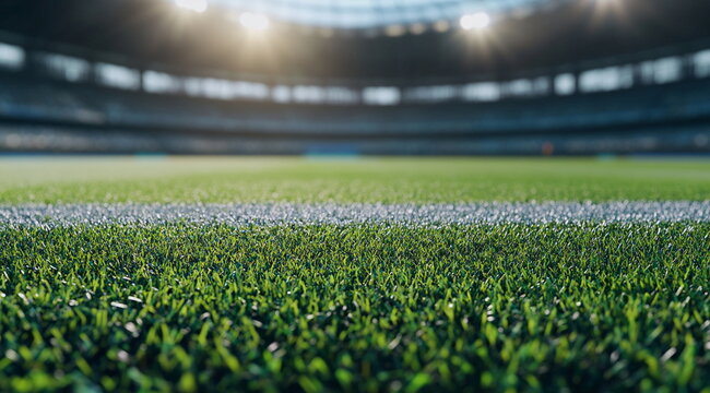Empty football soccer field under bright sunlight, ready for a match. The vivid green grass and clear sky create a perfect setting for a professional game.

