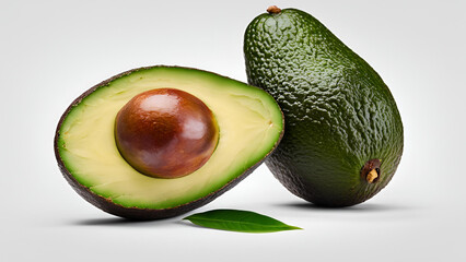 Whole avocado and a half avocado presented in isolation on a white canvas