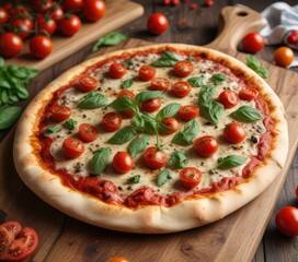 Thin crust pizza on a wooden cutting board with cherry tomatoes and fresh basil leaves , cherry tomatoes, cheese