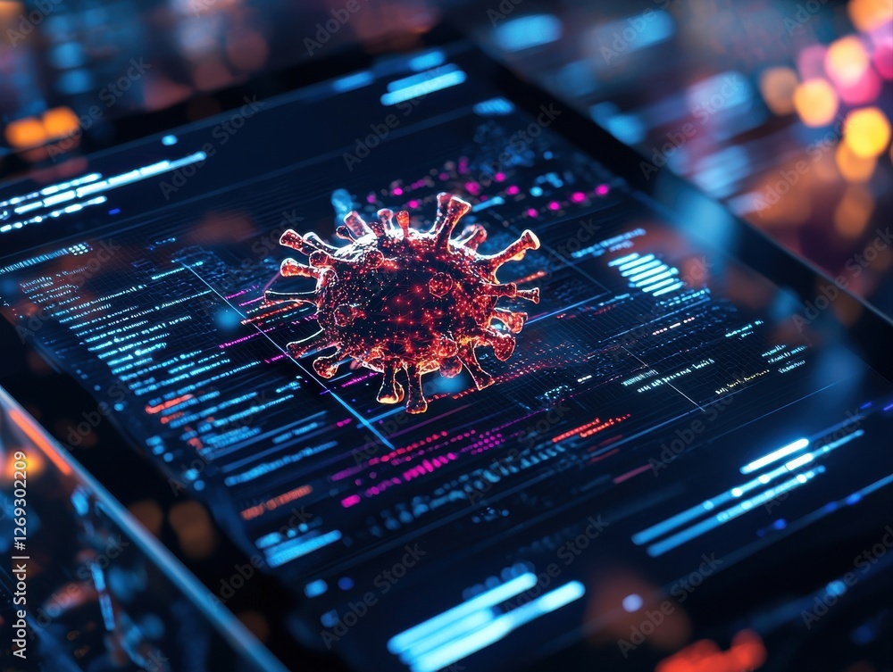 Poster a digital representation of a virus displayed on a tablet, highlighting data analytics and high-tech