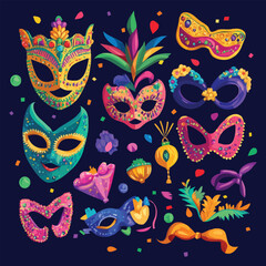 Obraz premium Vibrant Mardi Gras collection with masks, beads, and confetti.