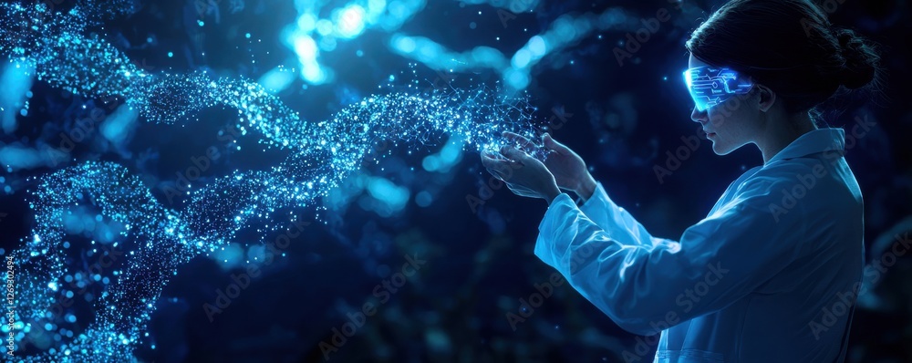 Poster a scientist in a lab coat interacts with glowing particles, creating an ethereal display of light an