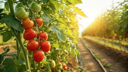 Tomatoes on the vine with green leaves and stems in a sunny garden, tomato vines, garden, agriculture, green leaves