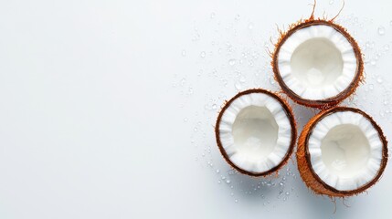 Three halved coconuts with white flesh and brown shells on light background, surrounded by water droplets
