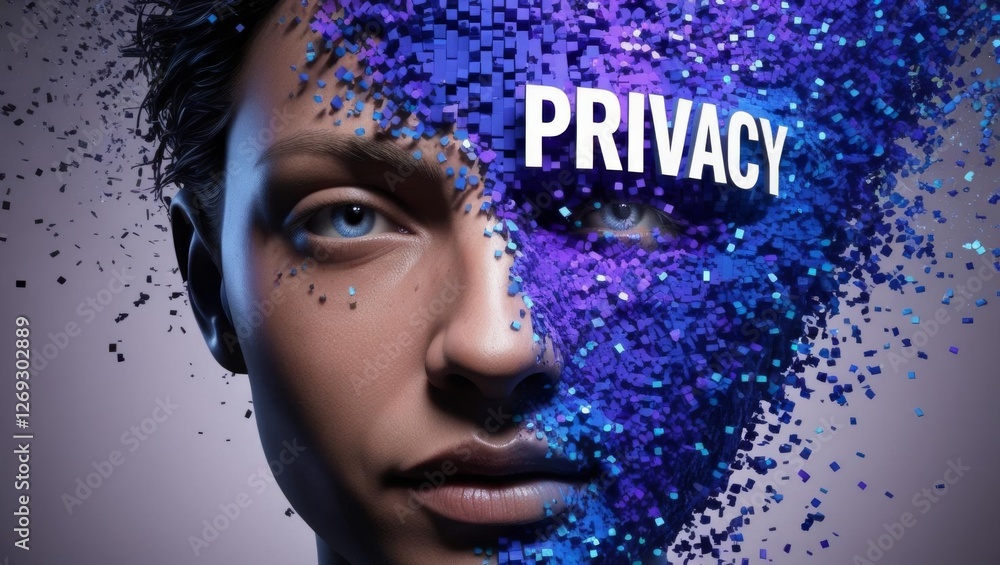 Poster a digital face fragmented by particles emphasizes the concept of 