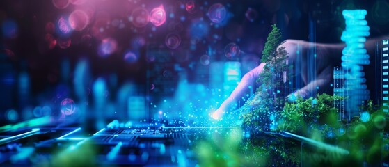 A futuristic scene blending technology and nature, showcasing a hand interacting with digital elements amidst greenery and neon city lights.