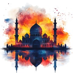 Mosque with Watercolor Splash Effect on Pastel Peach Background for islamic background, Ramadan Kareem