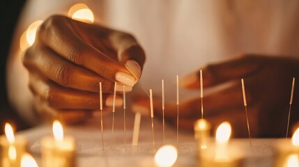 Obraz premium A Close-Up of a Woman's Hands Skillfully Placing Small Needles on a Surface Surrounded by Softly Glowing Candles, Creating an Atmosphere of Focus and Craftsmanship