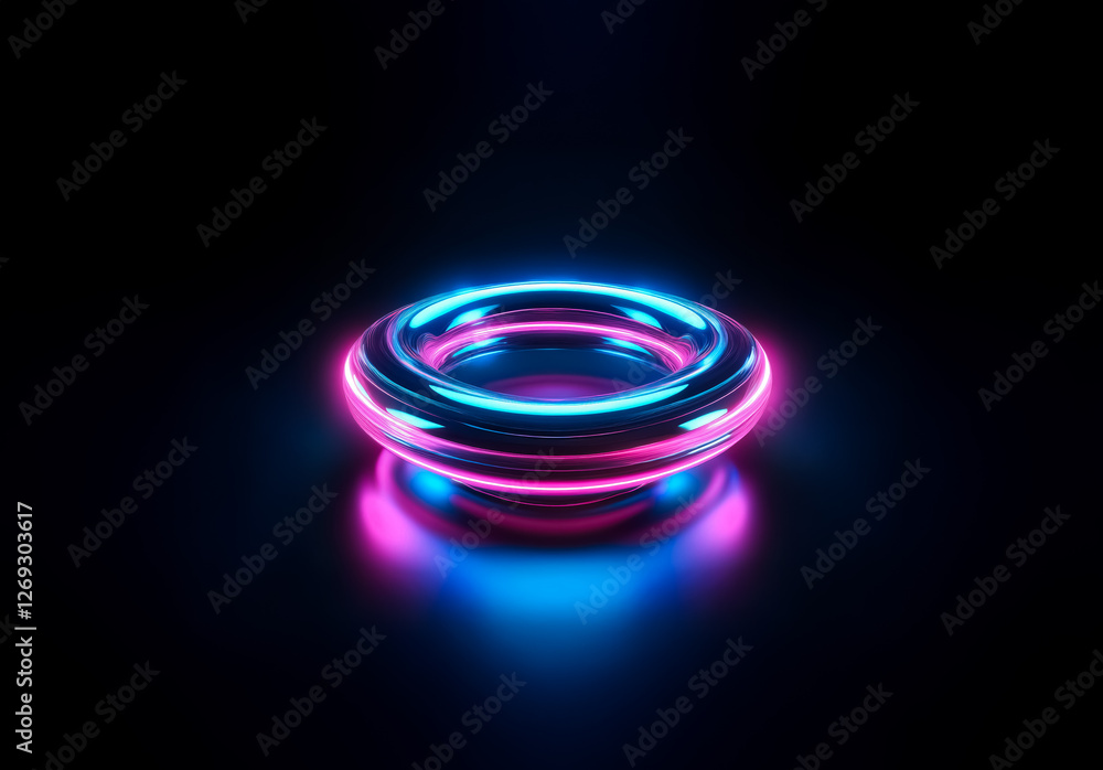 Poster a luminous torus shape in vibrant neon blue and pink glows against a dark backdrop, creating a moder