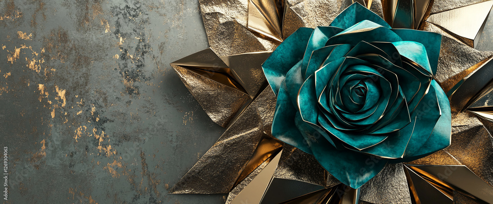 Poster close-up of a teal metallic rose with golden petals, creating an elegant and luxurious abstract flor