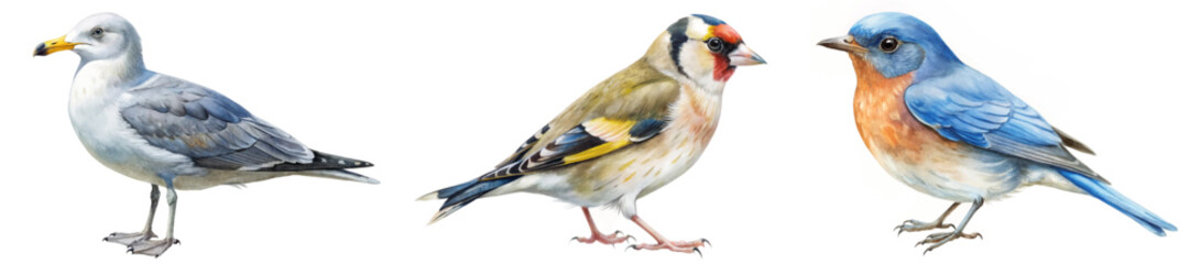 Colorful bird illustrations, realistic avian art, detailed wildlife depiction, nature-inspired design, educational purpose.