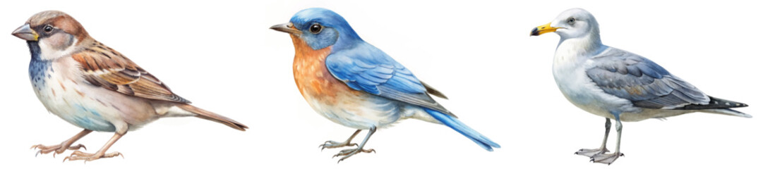 Colorful bird illustrations, detailed wildlife art, natural habitat depiction, educational nature images.
