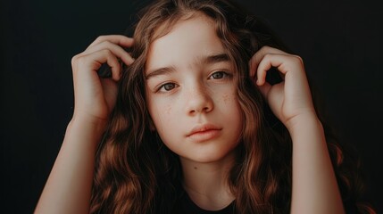 Fototapeta premium Portrait of a young girl with curly hair and freckles, thoughtfully posing against a dark background