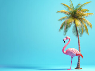 Flamingo by palm tree, blue background, summer vacation