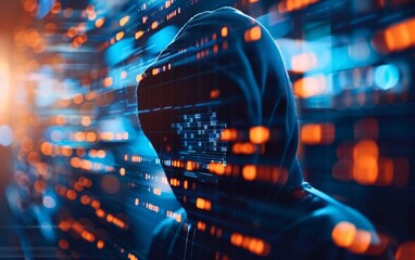 A shadowy figure in a hoodie is surrounded by vibrant, digital data streams, evoking themes of mystery and cybersecurity.