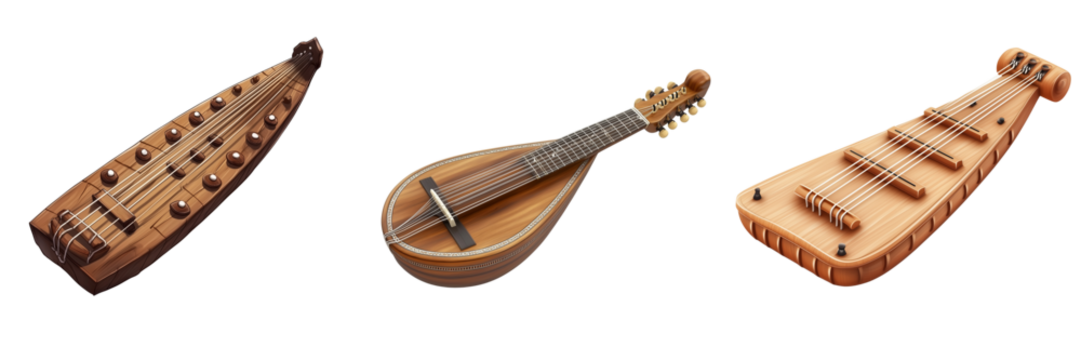 Set of Close-up shot of an intricately carved Gayageum featuring traditional Korean patterns and floral musical motifs on transparent png background. Ai generated