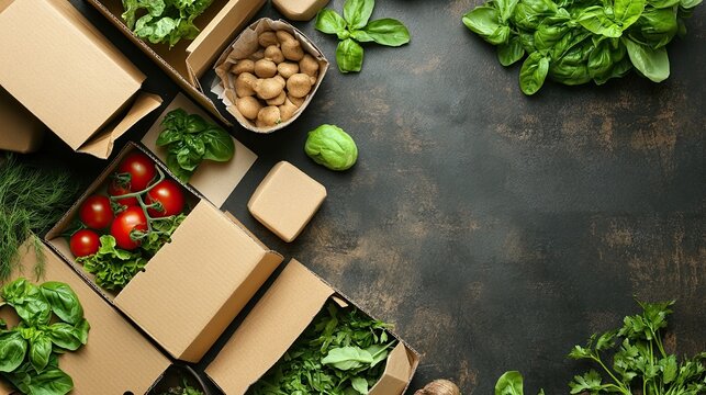 Cardboard boxes and packaging, containers and symbols for food processing, green technology concept, green enterprise investments.
