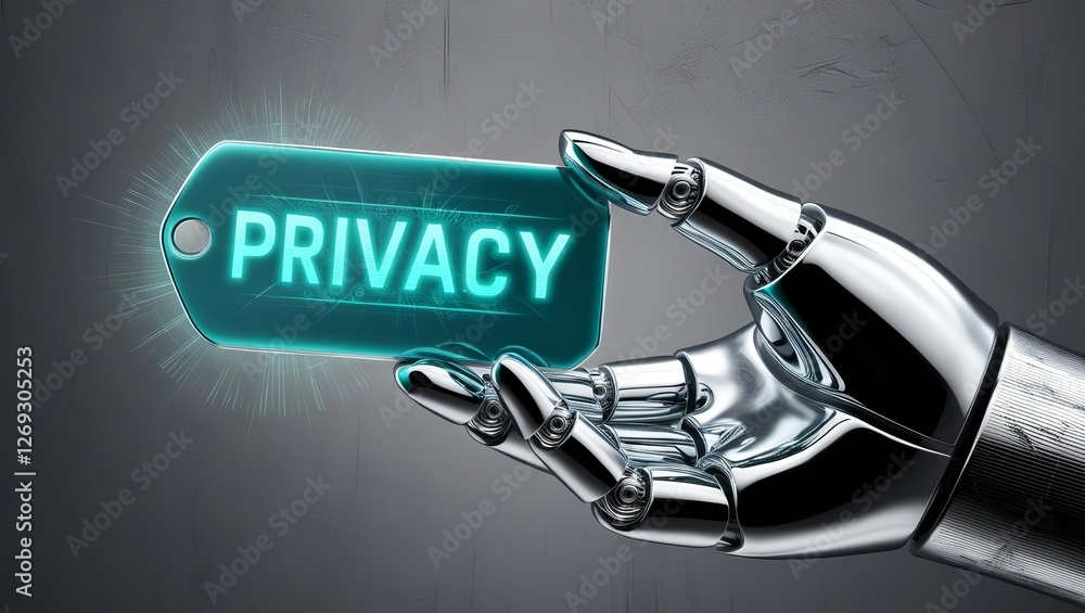 Poster a metallic robotic hand holds a glowing tag that reads 