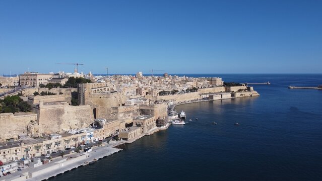 Valletta waterfront, Malta, aerial view. Valetta on the left and three cities on the right. High quality photo