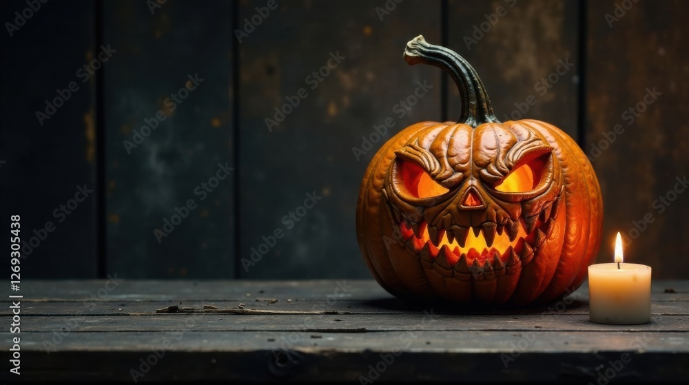 Poster illuminated autumnal gourd with menacing carved features rests on rustic wood beside a flickering ca