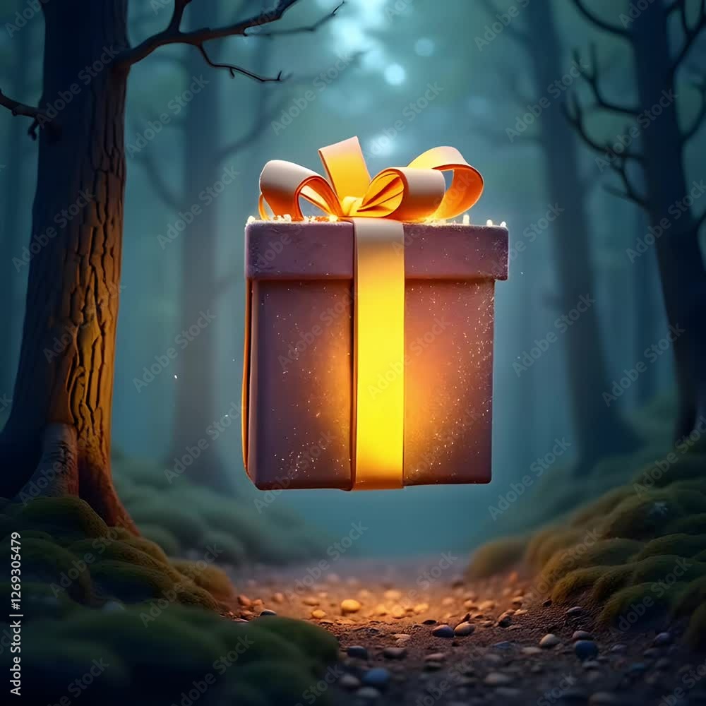 Poster a glowing gift box hovers above a mossy forest path, surrounded by tall trees, creating a magical an