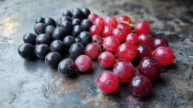 Colorful berries in shades of black and red are neatly arranged on a textured surface, inviting the viewer to indulge in their fresh, sweet taste. Perfect for a nutritious boost
