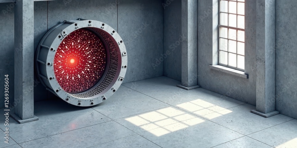 Poster futuristic industrial design glowing core of a mechanical device in a modern concrete room